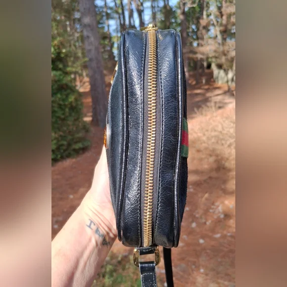 Gucci Black Suede Patent Leather Web Mini Ophidia Shoulder Crossbody Bag